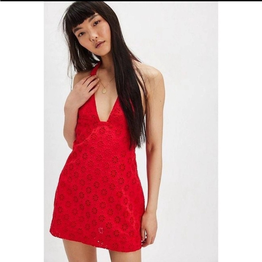 Free People Red Backless Lace Halter Mini Dress
